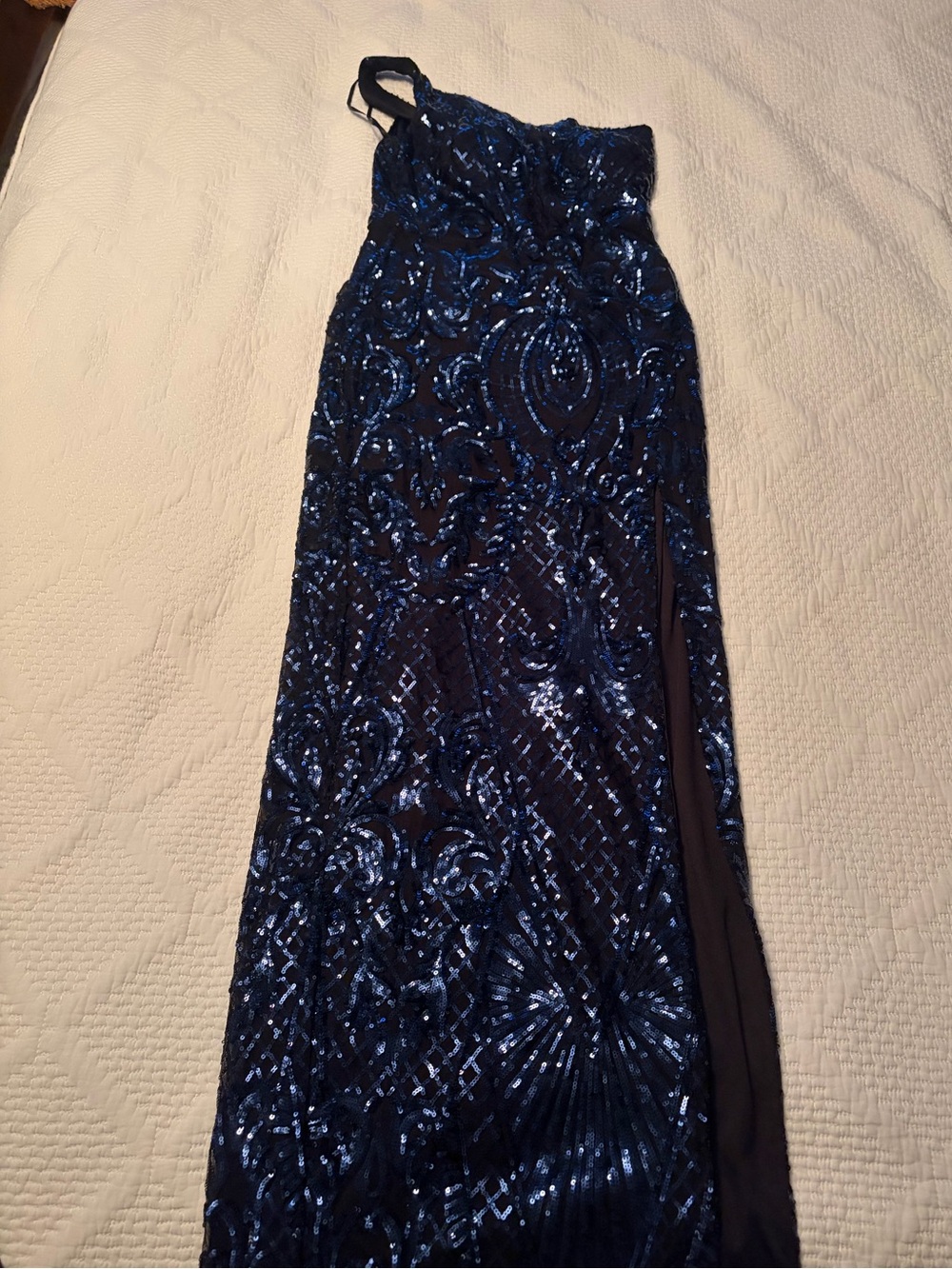 Strapless Navy Sequin Evening Gown